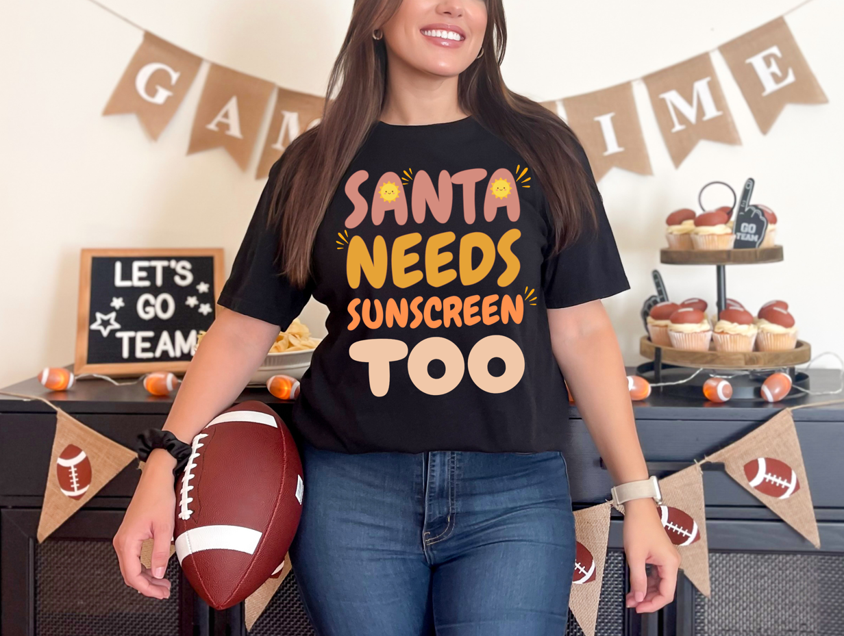 Santa Needs Sunscreen Too Unisex T-Shirt | Funny Summer Christmas Shirt | Beach Santa Tee