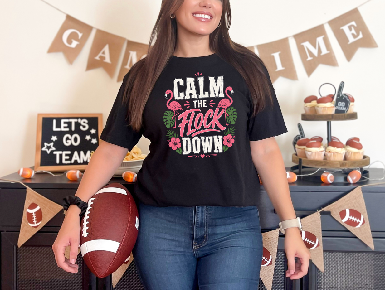 Calm The Flock Down Unisex T-Shirt | Funny Flamingo Shirt | Tropical Summer Beach Tee
