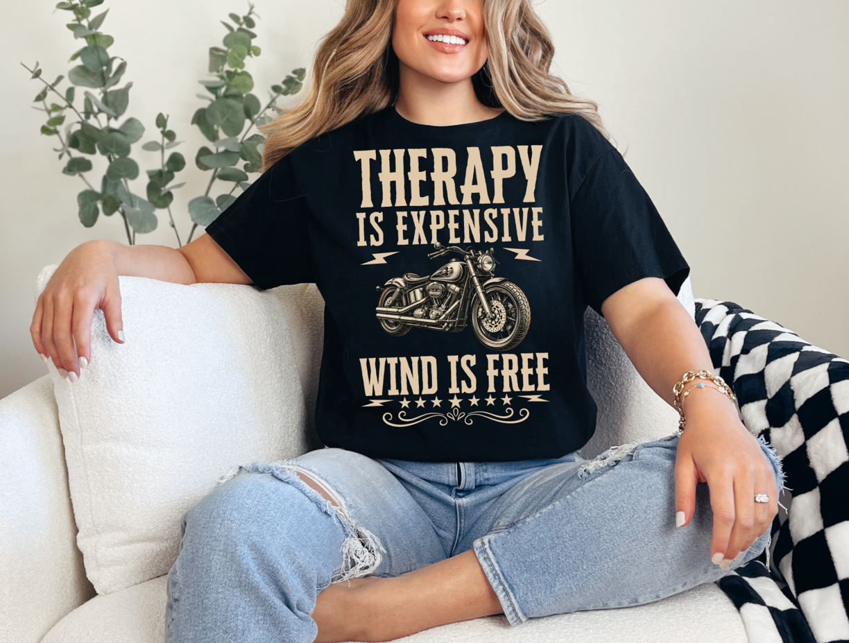 Therapy Is Expensive Wind Is Free Shirt – Funny Motorcycle Rider Gift, Biker Graphic Tee, Vintage Chopper Shirt